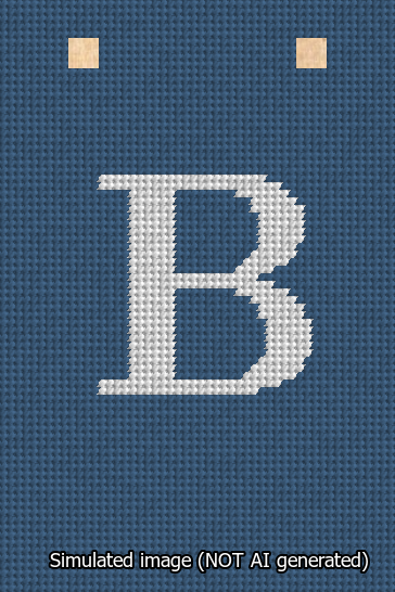 A simulated image of the stitched needlepoint design: Banner 13m Squared B White on Blue. Not A.I. generated.