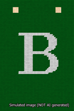 A simulated image of the stitched needlepoint design: Banner 13m Squared B White on Green. Not A.I. generated.