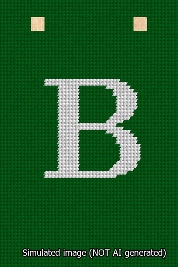 A simulated image of the stitched needlepoint design: Banner 13m Squared B White on Green. Not A.I. generated.