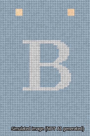 A simulated image of the stitched needlepoint design: Banner 13m Squared B White on Light Blue. Not A.I. generated.