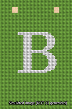 A simulated image of the stitched needlepoint design: Banner 13m Squared B White on Light Green. Not A.I. generated.