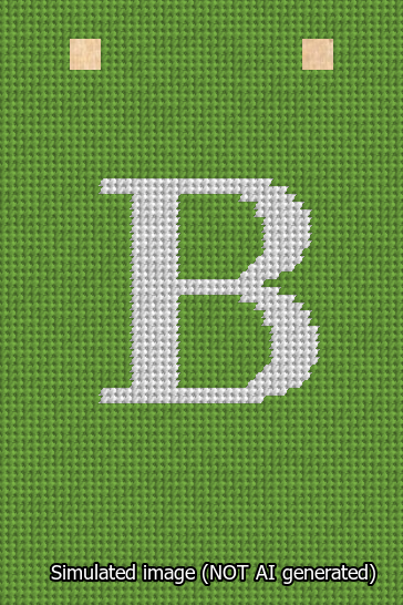 A simulated image of the stitched needlepoint design: Banner 13m Squared B White on Light Green. Not A.I. generated.
