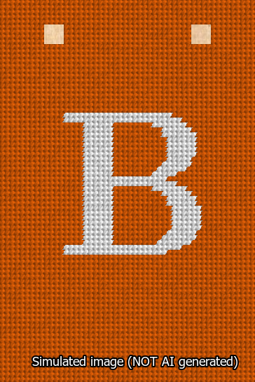 A simulated image of the stitched needlepoint design: Banner 13m Squared B White on Orange. Not A.I. generated.