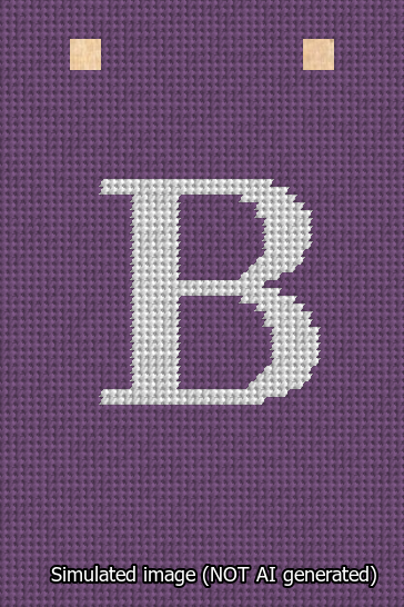 A simulated image of the stitched needlepoint design: Banner 13m Squared B White on Purple. Not A.I. generated.
