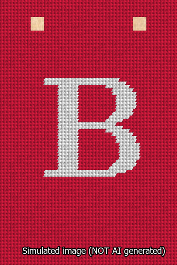 A simulated image of the stitched needlepoint design: Banner 13m Squared B White on Red. Not A.I. generated.