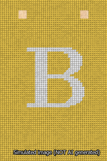 A simulated image of the stitched needlepoint design: Banner 13m Squared B White on Yellow. Not A.I. generated.