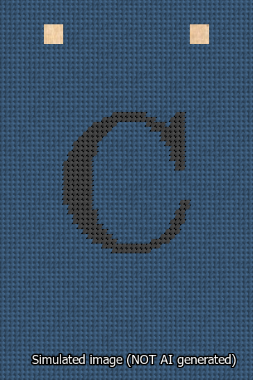 A simulated image of the stitched needlepoint design: Banner 13m Squared C Black on Blue. Not A.I. generated.