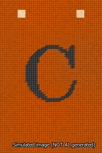 A simulated image of the stitched needlepoint design: Banner 13m Squared C Black on Orange. Not A.I. generated.