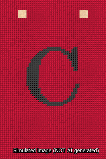 A simulated image of the stitched needlepoint design: Banner 13m Squared C Black on Red. Not A.I. generated.