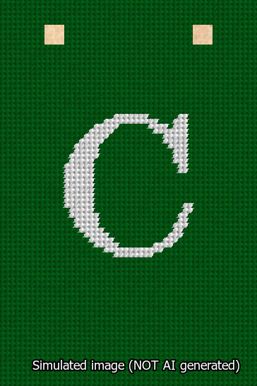 A simulated image of the stitched needlepoint design: Banner 13m Squared C White on Green. Not A.I. generated.