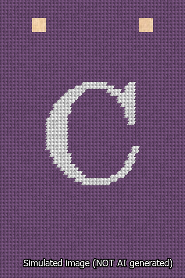 A simulated image of the stitched needlepoint design: Banner 13m Squared C White on Purple. Not A.I. generated.