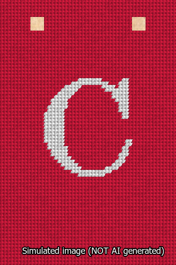 A simulated image of the stitched needlepoint design: Banner 13m Squared C White on Red. Not A.I. generated.