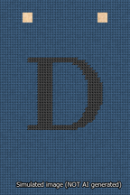 A simulated image of the stitched needlepoint design: Banner 13m Squared D Black on Blue. Not A.I. generated.