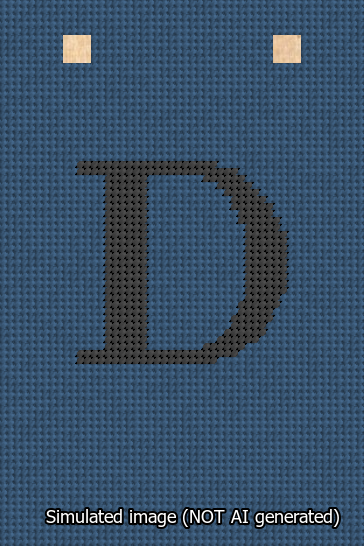 A simulated image of the stitched needlepoint design: Banner 13m Squared D Black on Blue. Not A.I. generated.
