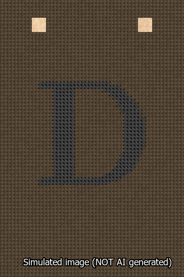 A simulated image of the stitched needlepoint design: Banner 13m Squared D Black on Brown. Not A.I. generated.