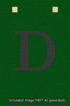 A simulated image of the stitched needlepoint design: Banner 13m Squared D Black on Green. Not A.I. generated.