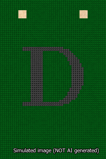A simulated image of the stitched needlepoint design: Banner 13m Squared D Black on Green. Not A.I. generated.
