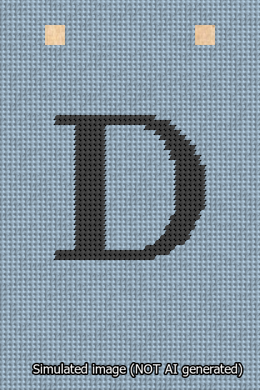 A simulated image of the stitched needlepoint design: Banner 13m Squared D Black on Light Blue. Not A.I. generated.