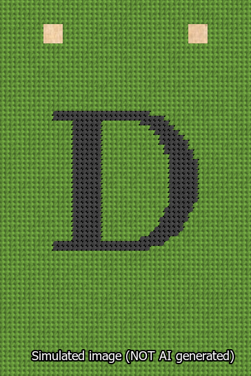 A simulated image of the stitched needlepoint design: Banner 13m Squared D Black on Light Green. Not A.I. generated.