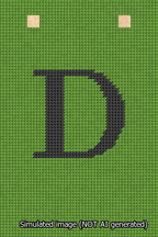 A simulated image of the stitched needlepoint design: Banner 13m Squared D Black on Light Green. Not A.I. generated.