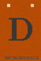 A simulated image of the stitched needlepoint design: Banner 13m Squared D Black on Orange. Not A.I. generated.