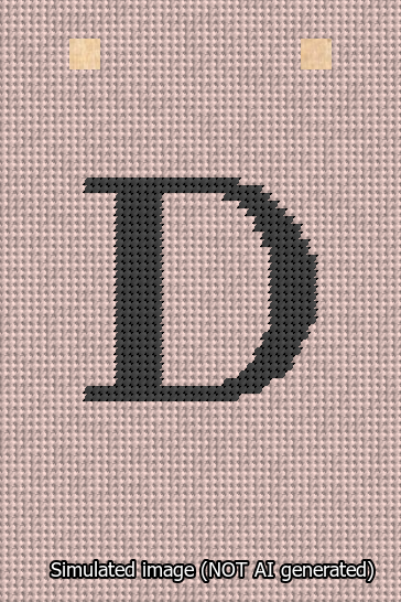 A simulated image of the stitched needlepoint design: Banner 13m Squared D Black on Pink. Not A.I. generated.