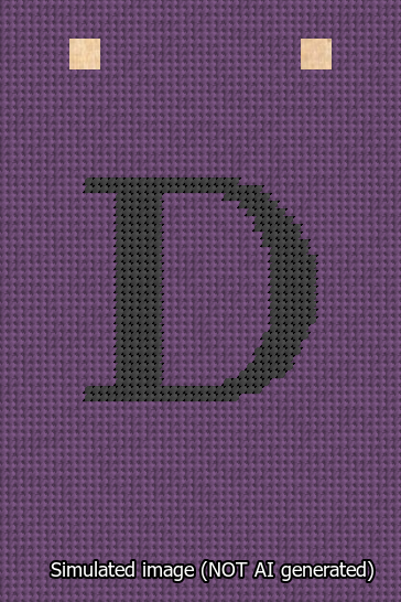 A simulated image of the stitched needlepoint design: Banner 13m Squared D Black on Purple. Not A.I. generated.