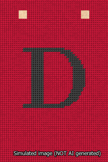 A simulated image of the stitched needlepoint design: Banner 13m Squared D Black on Red. Not A.I. generated.