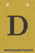 A simulated image of the stitched needlepoint design: Banner 13m Squared D Black on Yellow. Not A.I. generated.