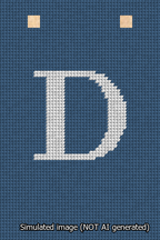 A simulated image of the stitched needlepoint design: Banner 13m Squared D White on Blue. Not A.I. generated.