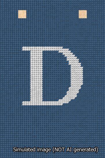 A simulated image of the stitched needlepoint design: Banner 13m Squared D White on Blue. Not A.I. generated.