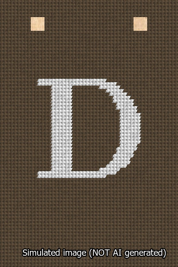 A simulated image of the stitched needlepoint design: Banner 13m Squared D White on Brown. Not A.I. generated.