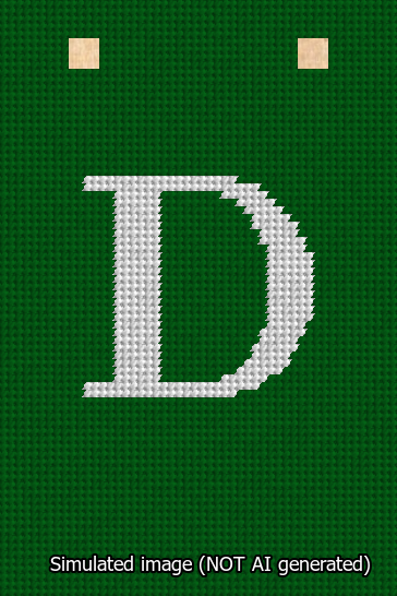A simulated image of the stitched needlepoint design: Banner 13m Squared D White on Green. Not A.I. generated.