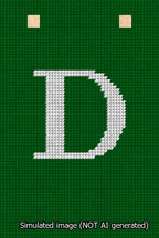 A simulated image of the stitched needlepoint design: Banner 13m Squared D White on Green. Not A.I. generated.