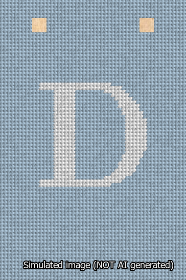 A simulated image of the stitched needlepoint design: Banner 13m Squared D White on Light Blue. Not A.I. generated.