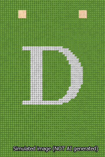 A simulated image of the stitched needlepoint design: Banner 13m Squared D White on Light Green. Not A.I. generated.