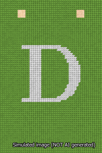 A simulated image of the stitched needlepoint design: Banner 13m Squared D White on Light Green. Not A.I. generated.
