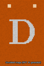 A simulated image of the stitched needlepoint design: Banner 13m Squared D White on Orange. Not A.I. generated.