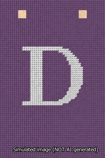 A simulated image of the stitched needlepoint design: Banner 13m Squared D White on Purple. Not A.I. generated.