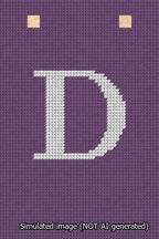 A simulated image of the stitched needlepoint design: Banner 13m Squared D White on Purple. Not A.I. generated.