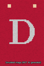 A simulated image of the stitched needlepoint design: Banner 13m Squared D White on Red. Not A.I. generated.
