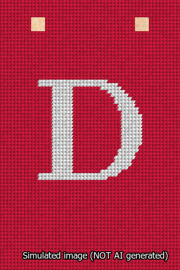 A simulated image of the stitched needlepoint design: Banner 13m Squared D White on Red. Not A.I. generated.