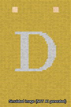 A simulated image of the stitched needlepoint design: Banner 13m Squared D White on Yellow. Not A.I. generated.