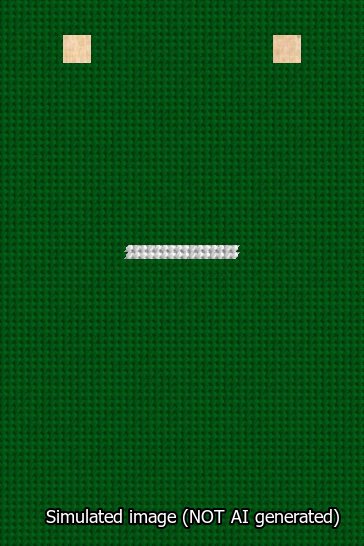 A simulated image of the stitched needlepoint design: Banner 13m Squared Dash White on Green. Not A.I. generated.