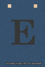 A simulated image of the stitched needlepoint design: Banner 13m Squared E Black on Blue. Not A.I. generated.