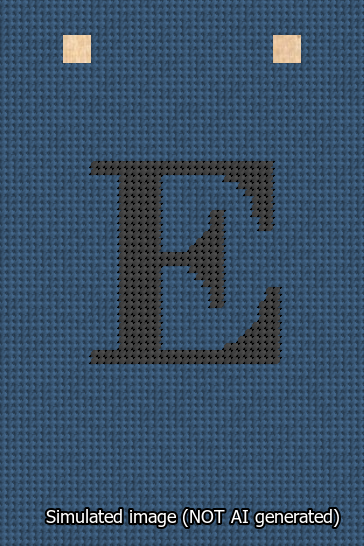 A simulated image of the stitched needlepoint design: Banner 13m Squared E Black on Blue. Not A.I. generated.