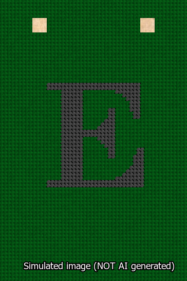 A simulated image of the stitched needlepoint design: Banner 13m Squared E Black on Green. Not A.I. generated.