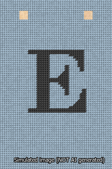 A simulated image of the stitched needlepoint design: Banner 13m Squared E Black on Light Blue. Not A.I. generated.