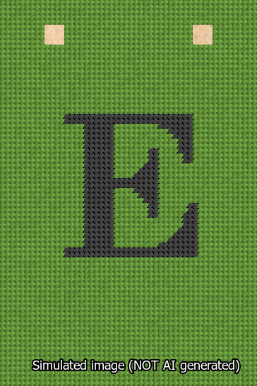 A simulated image of the stitched needlepoint design: Banner 13m Squared E Black on Light Green. Not A.I. generated.