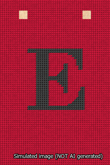 A simulated image of the stitched needlepoint design: Banner 13m Squared E Black on Red. Not A.I. generated.